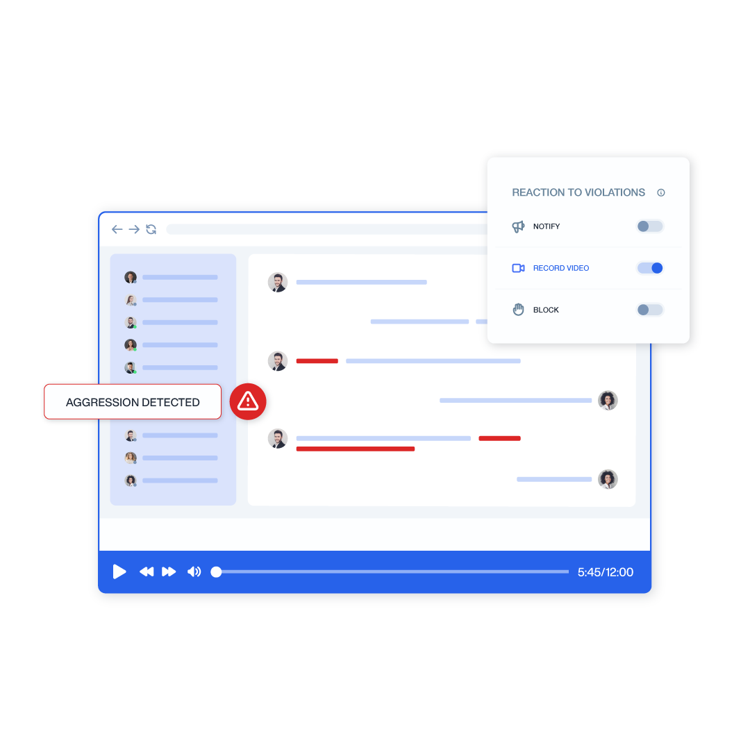 A messaging app with aggression detected in communication, triggering the screen recording function.
